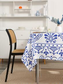 1pc Vintage Flower Pattern Tablecloth, Modern Polyester Decorative Fabric Table Cover For Dining Table - Blue and White - View 2