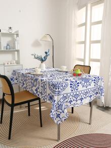 1pc Vintage Flower Pattern Tablecloth, Modern Polyester Decorative Fabric Table Cover For Dining Table - Blue and White - View 4
