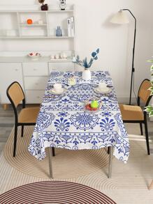 1pc Vintage Flower Pattern Tablecloth, Modern Polyester Decorative Fabric Table Cover For Dining Table - Blue and White - View 3