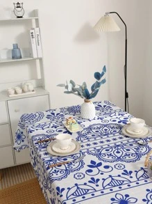 1pc Vintage Flower Pattern Tablecloth, Modern Polyester Decorative Fabric Table Cover For Dining Table - Blue and White - View 5