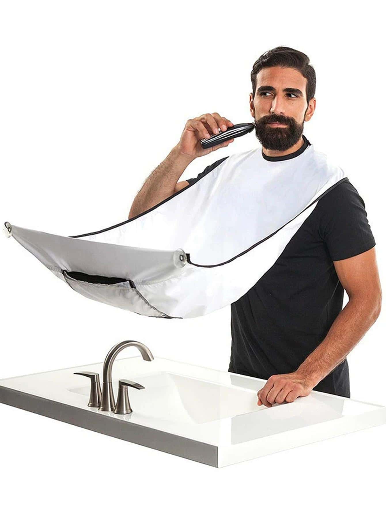 1pc Contrast Binding Beard Bib Apron, Daily Fabric Non-Stick Hair Catcher Grooming Cloth For Men,Bag,Organizer,Storage - White - View 1