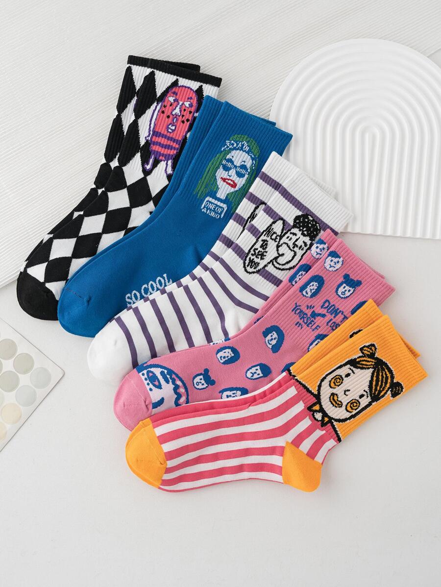 5 Pairs Women's Interesting Personalized Cute Colorful Intarsia Cartoon Pattern Mid-Calf Socks, Sports Socks, All Season, European Size, Comfortable, Breathable, Durable, Rich Colors, Suitable For Daily Wear, Premium Fabric, Non-Sweat - Multicolor - View 1