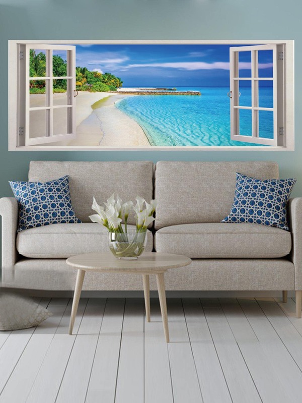 1pc PVC Wall Decal, Window & Sea Print Wall Sticker For Home Wall Decor