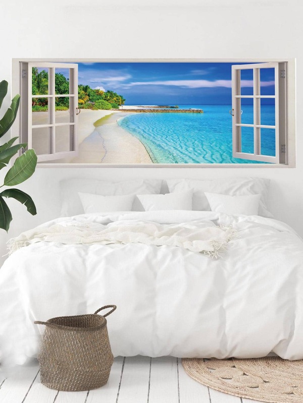 1pc PVC Wall Decal, Window & Sea Print Wall Sticker For Home Wall Decor