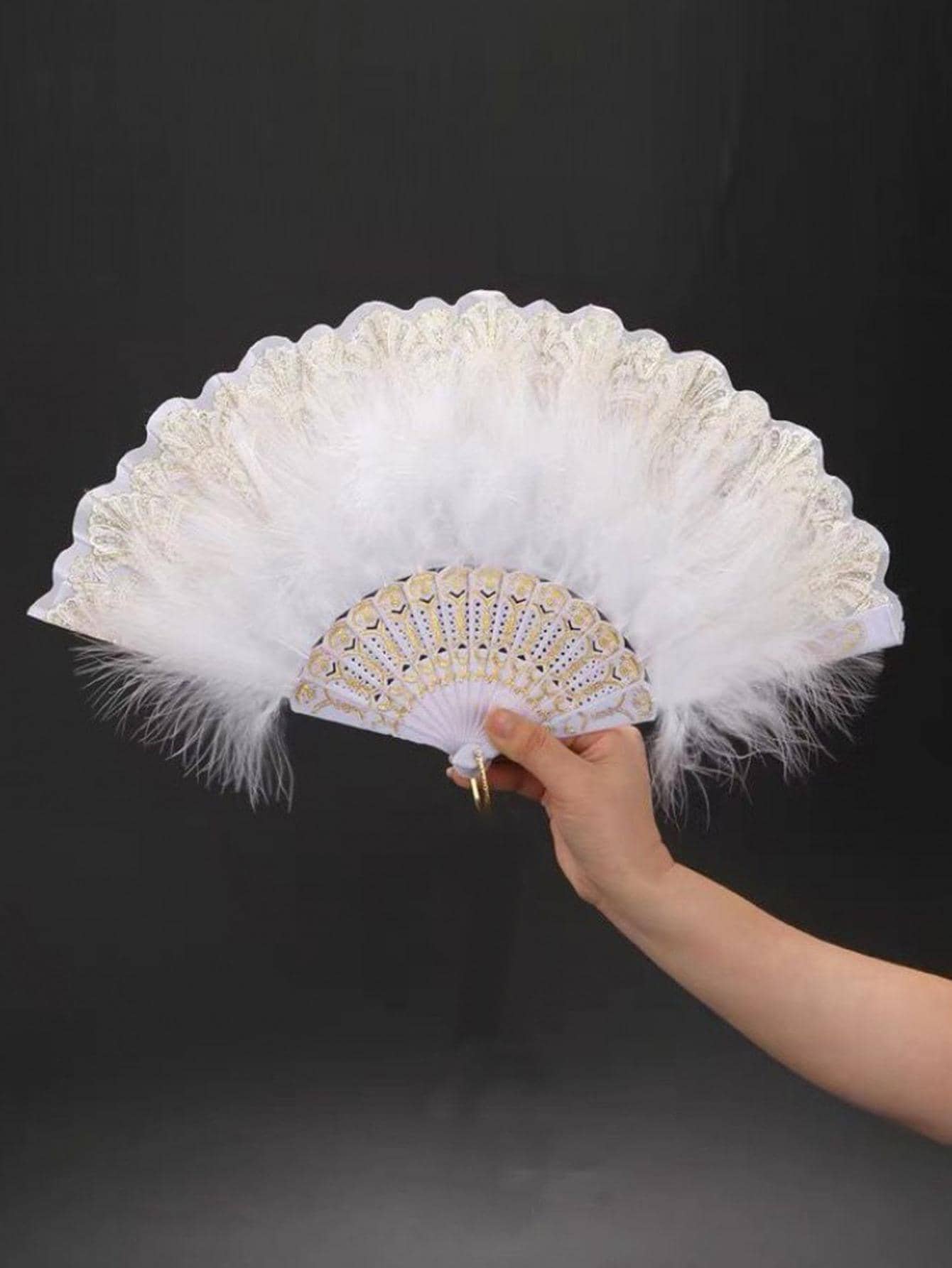 1入組塑料折疊風扇現代風格假羽毛裝飾傢用手動風扇 - 白色 - 查看 1