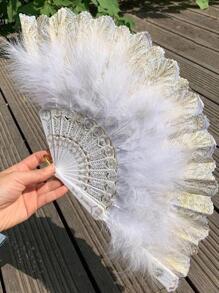 1入組塑料折疊風扇現代風格假羽毛裝飾傢用手動風扇 - 白色 - 查看 2