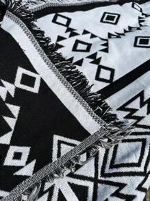 1pc Geometric Pattern Tassel Decor Picnic Mat, Boho Picnic Blanket For Outdoor - Black and White - View 3