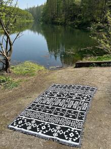 1pc Geometric Pattern Tassel Decor Picnic Mat, Boho Picnic Blanket For Outdoor - Black and White - View 1