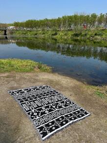 1pc Geometric Pattern Tassel Decor Picnic Mat, Boho Picnic Blanket For Outdoor - Black and White - View 4