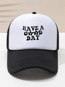 男士字母圖案透氣網眼棒球帽 - 黑與白 - 查看 1