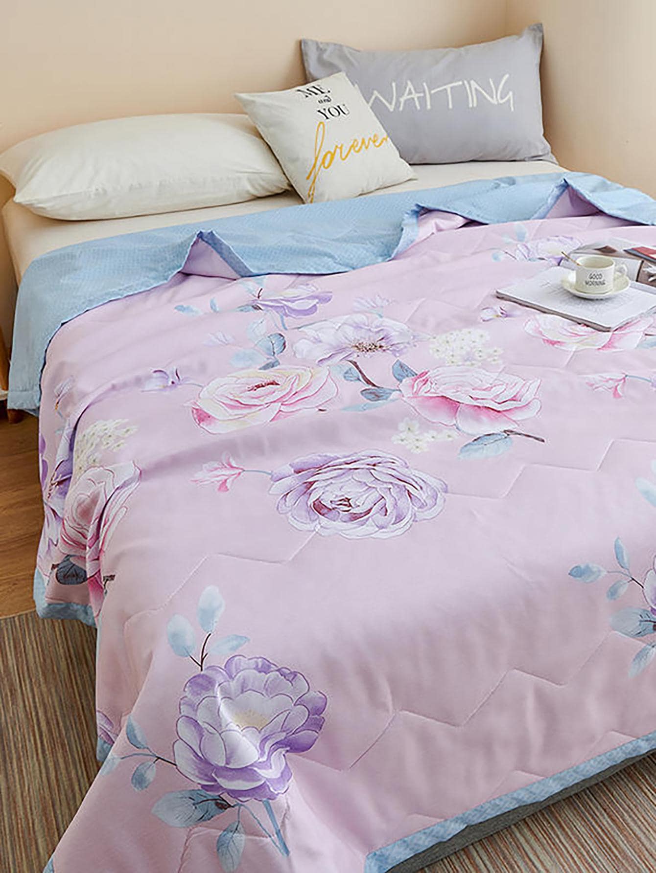 1pc Colorful Flower Print Soft Quilt, Modern Comfortable Bedspread For Bedroom - Multicolor - View 1