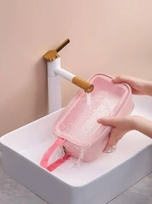 1入組透明字母圖形手持收納袋粉色PVC防水大號便攜式化妝包適合居家、旅行 - 粉色 - 查看 6