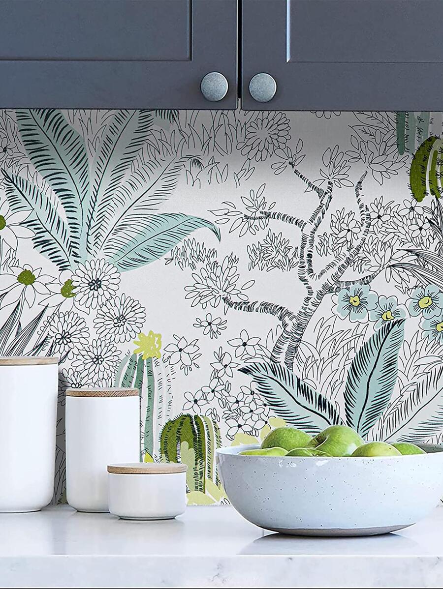 1pc Plant Print Wall Paper - Baby Blue - View 1