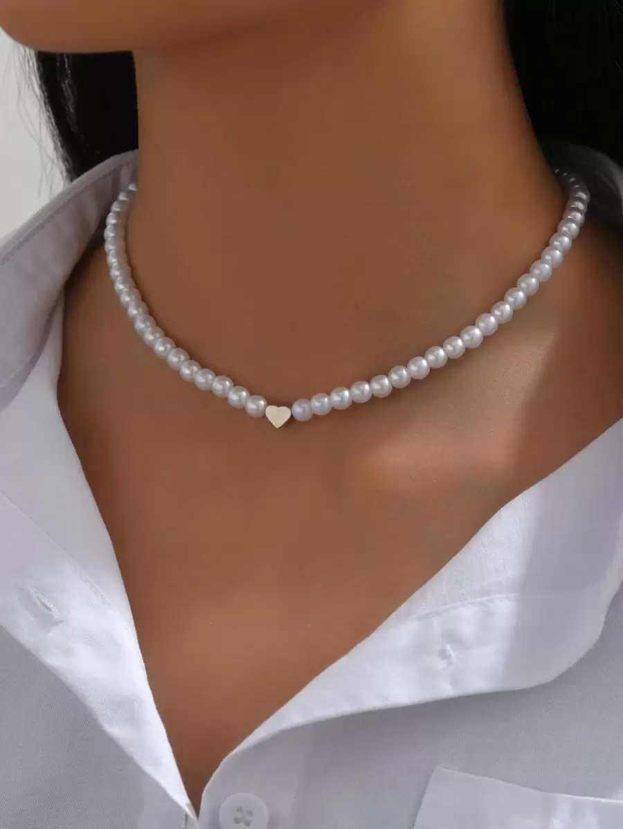 1pc Fresh & Simple Style Faux Pearl Heart Pendant Necklace SHEIN USA