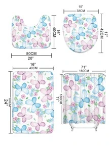 1入組滌綸浴室毯或者1入組淋浴現代花卉圖案和蝴蝶樣式馬桶墊適用於浴室 - 彩色 - 查看 5