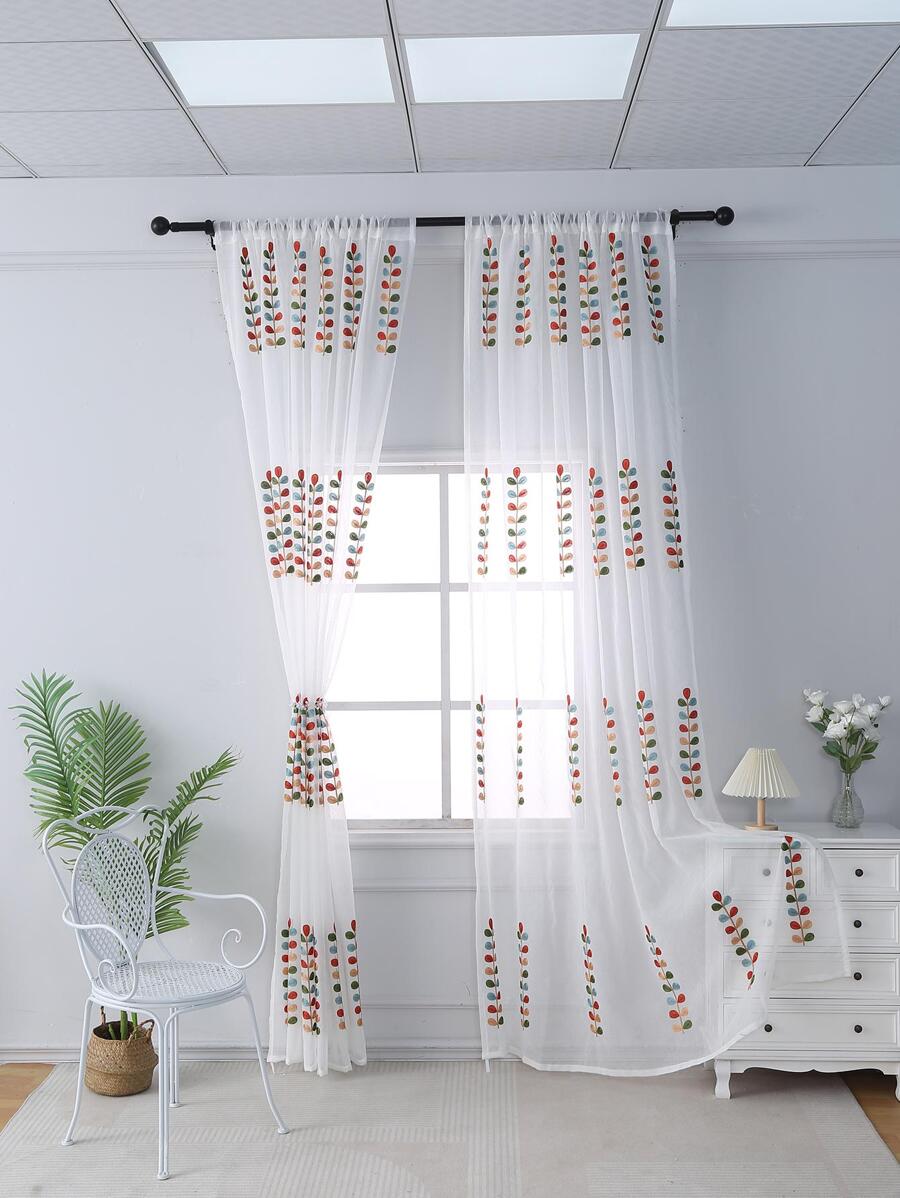植物刺繡單片窗簾 - 彩色 - 查看 1