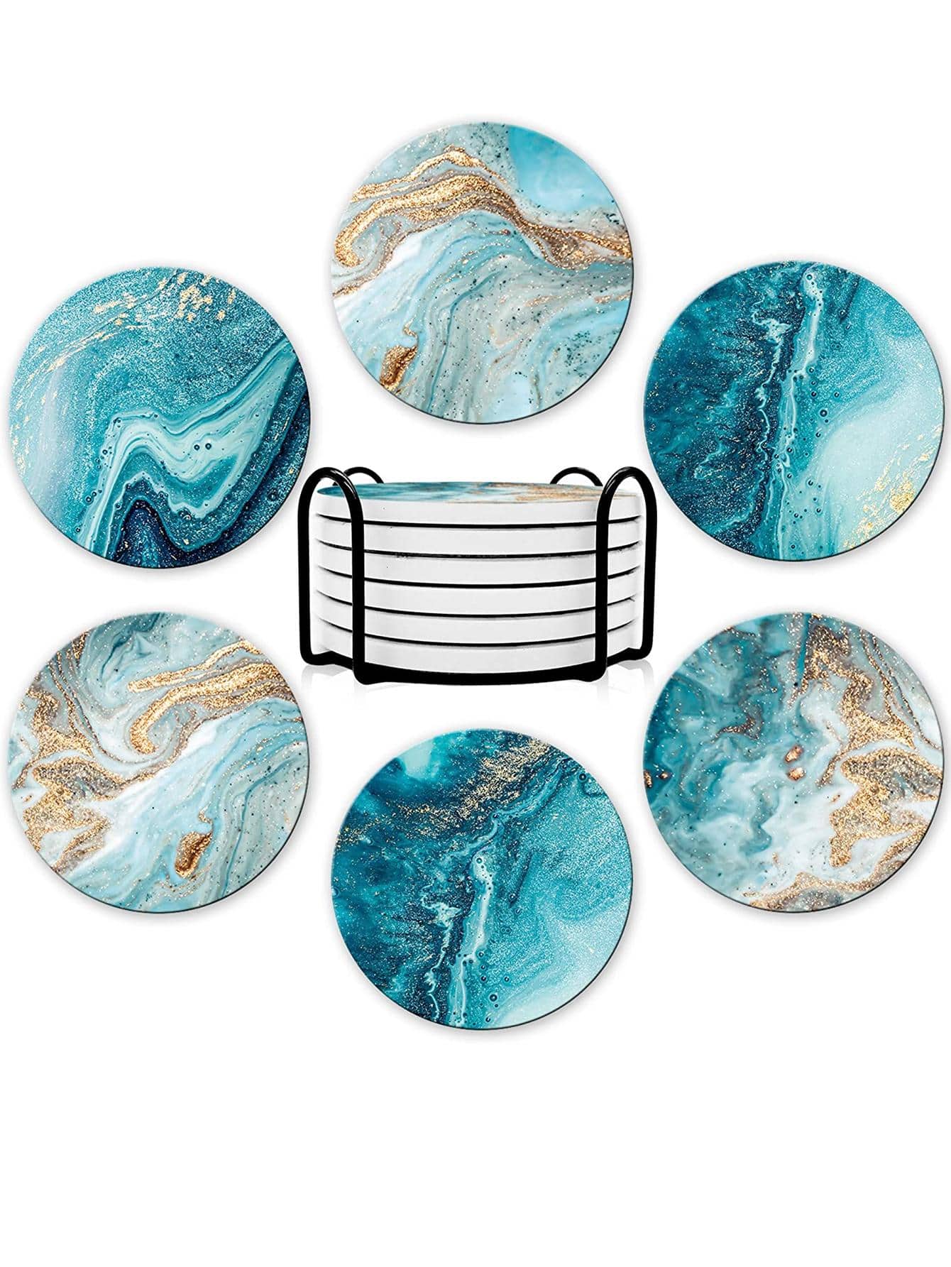 6pcs Porcelain Coaster, Modern Marble Pattern Insulated Table Mat For Home