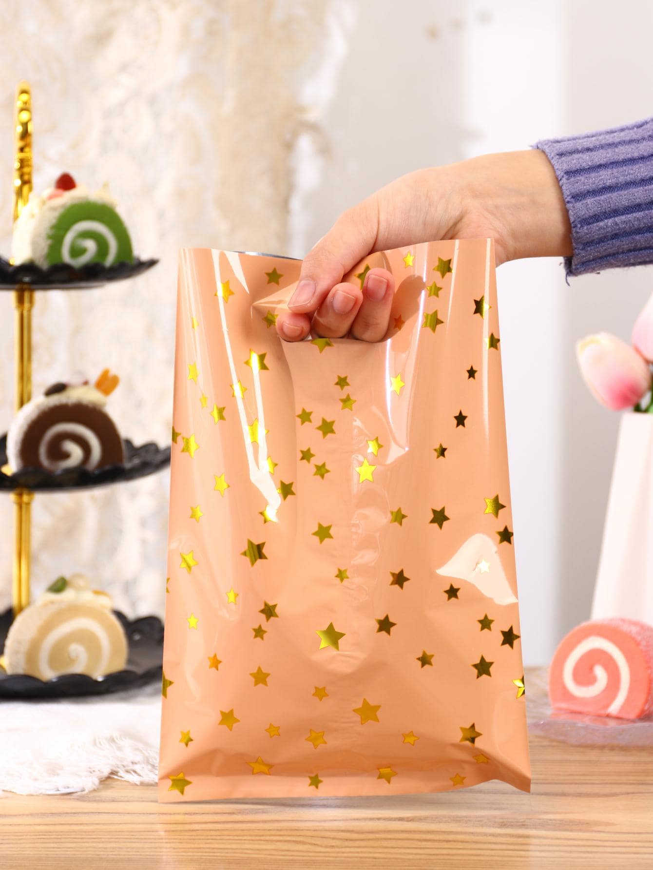 20入組塑膠禮品現代星星圖案禮品袋適用於家庭 - 杏色 - 查看 1