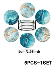 6pcs Porcelain Coaster, Modern Marble Pattern Insulated Table Mat For Home