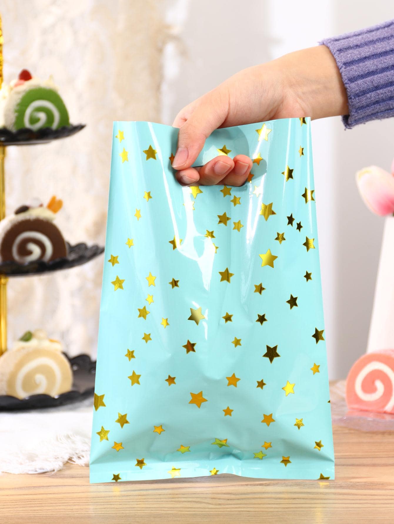 20pcs Plastic Gift Bag, Modern Star Pattern Gift Bag For Home - Baby Blue - View 1