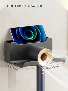 1pc Wall Mounted Hair Dryer Holder - Black - View 2