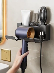 1pc Wall Mounted Hair Dryer Holder - Black - View 1