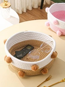 1pc Pom Pom Decor Woven Desktop Storage Basket - Khaki - View 1