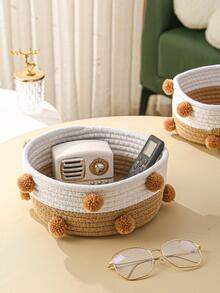1pc Pom Pom Decor Woven Desktop Storage Basket - Khaki - View 4