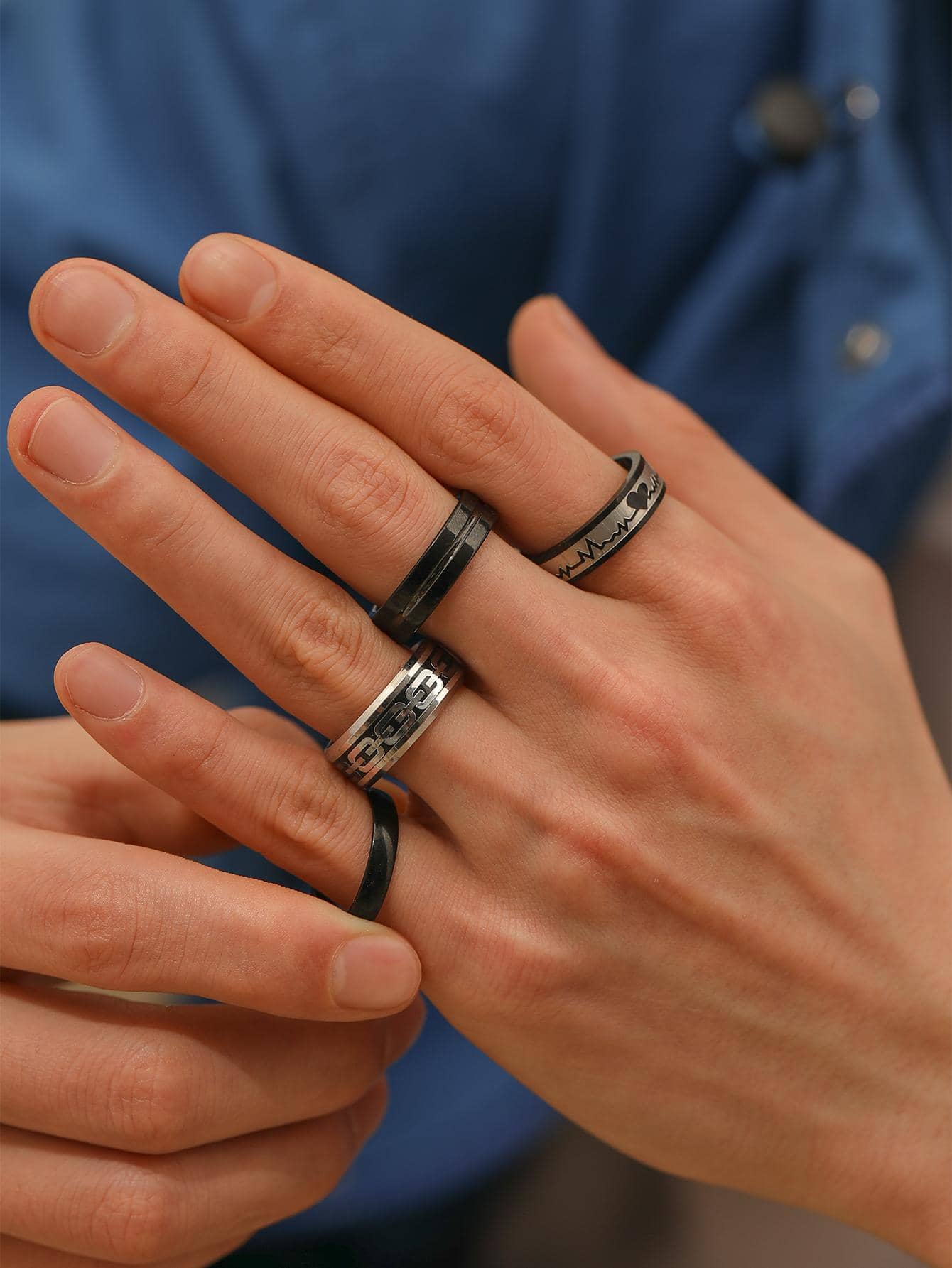 4pcs/set Men's Stainless Steel Electrocardiogram Heartbeat Chain Stripe Design Rings For Jewelry Gift - Multicolor - View 1