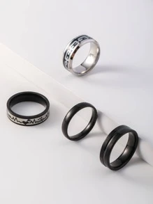 4pcs/set Men's Stainless Steel Electrocardiogram Heartbeat Chain Stripe Design Rings For Jewelry Gift - Multicolor - View 2