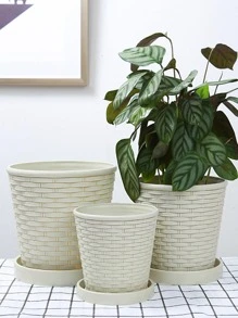1pc/3pcs Thickened Bamboo Woven Round Planter Pot With Tray For Indoor Plants, Succulents And Philodendrons Gifts Birthday Graduation