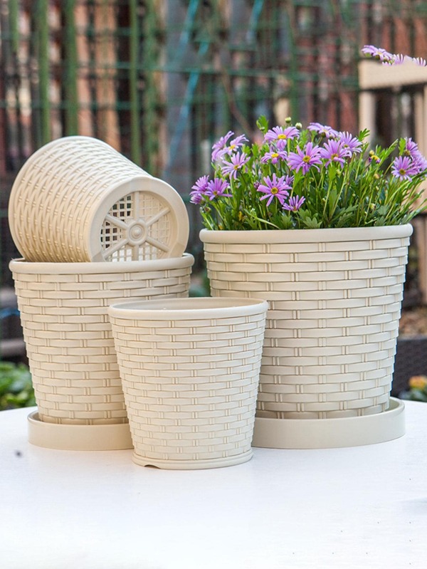 1pc/3pcs Thickened Bamboo Woven Round Planter Pot With Tray For Indoor Plants, Succulents And Philodendrons Gifts Birthday Graduation