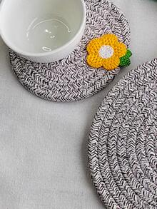 1pc Flower Decor Place Mat, Grey Round Coaster, For Dining Table - Grey - View 4