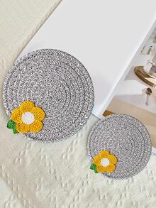 1pc Flower Decor Place Mat, Grey Round Coaster, For Dining Table - Grey - View 1