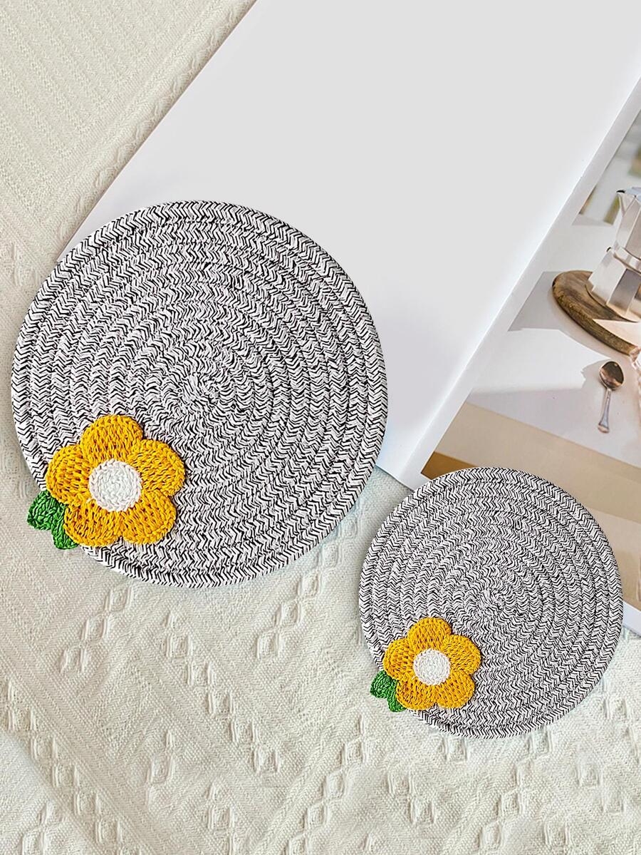1pc Flower Decor Place Mat, Grey Round Coaster, For Dining Table - Grey - View 1
