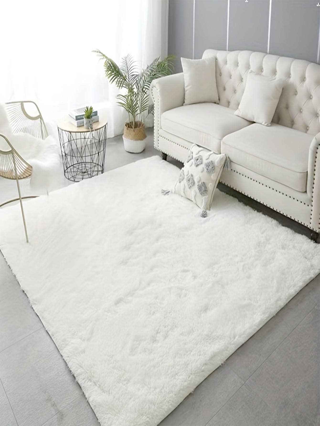Solid Fuzzy Minimalist Rug, White Plush Polyester Floor Mat, For Living