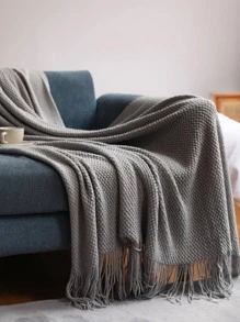 1 Chiếc Đồng Màu Tua Rua Trang Trí Ném Chăn Xám Vải Chăn Cho Nhà Sofa Văn Phòng - Xám - Xem 1