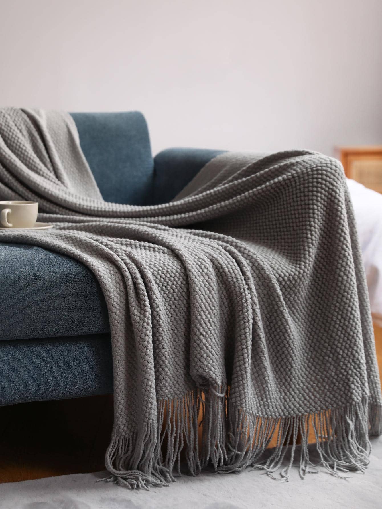 1 Chiếc Đồng Màu Tua Rua Trang Trí Ném Chăn Xám Vải Chăn Cho Nhà Sofa Văn Phòng - Xám - Xem 1