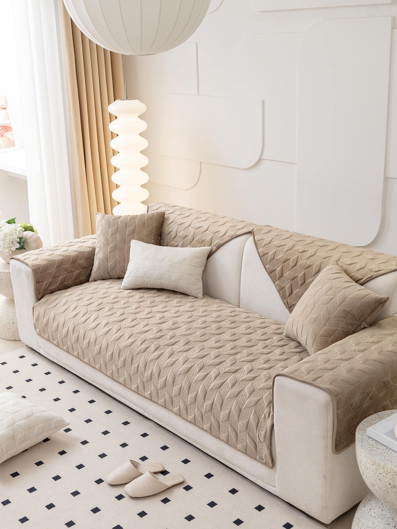 1入組幾何設計沙發巾客廳用簡約滌綸沙發套毯四季皆宜 - 駝色 - 查看 1