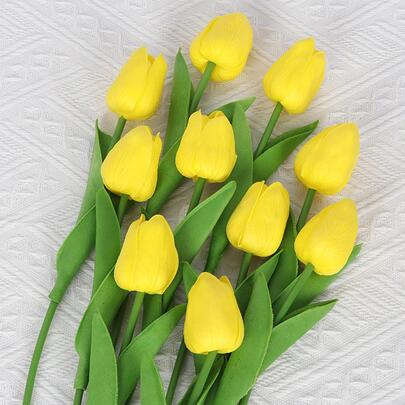 10pcs Simple Yellow Artificial Flower, Modern Romantic Faux Tulip For Home Decor, Valentine Day, Gift