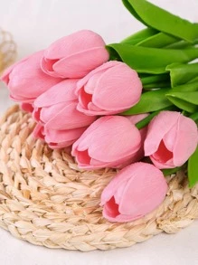 10pcs Simple Pink Artificial Flower, Modern Romantic Faux Tulip For Home Decor, Valentine Day, Gift - Pink - View 3