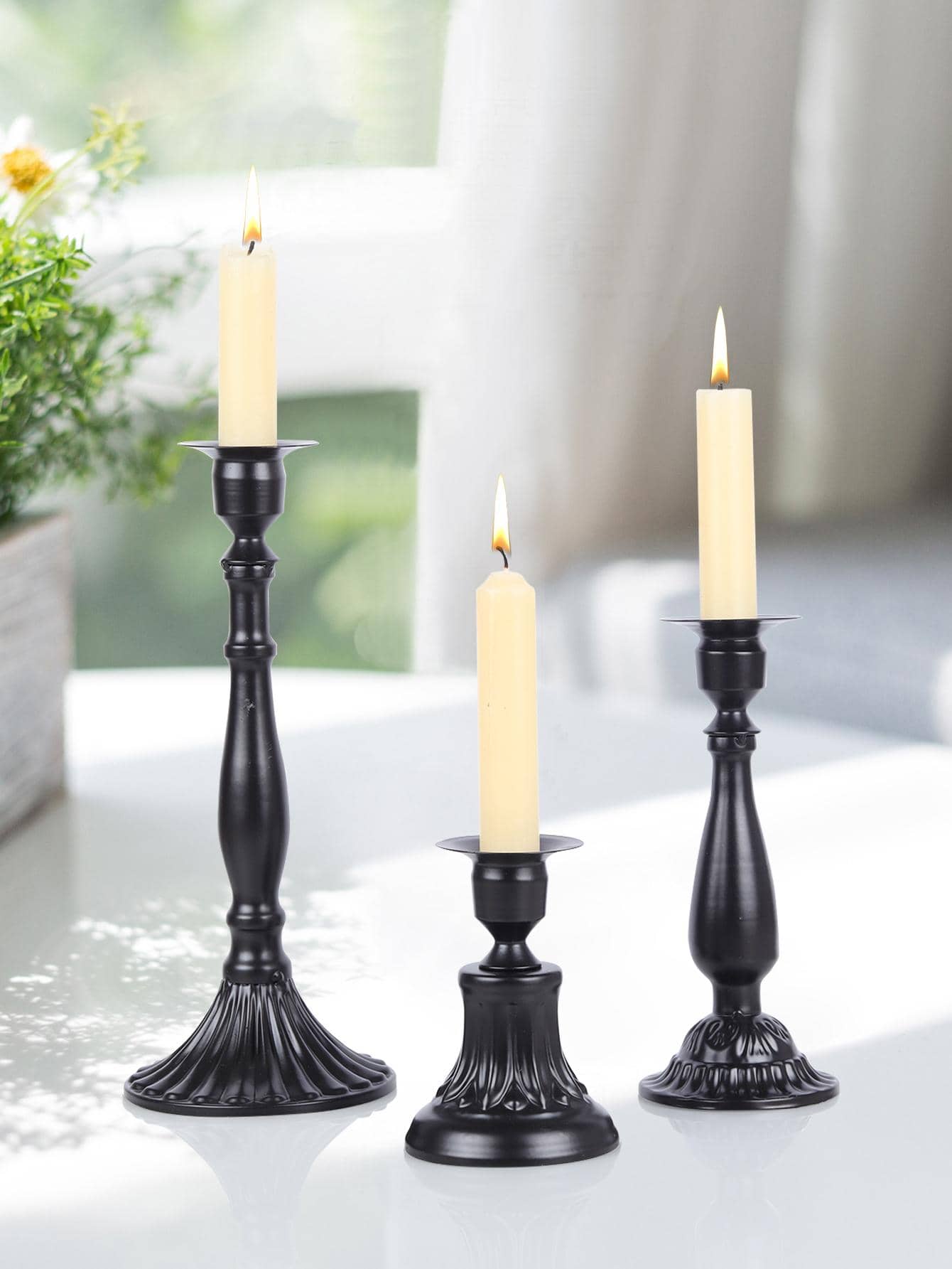 3入組純黑色復古長燭台鐵製浪漫家居裝飾燭台 - 黑色 - 查看 1