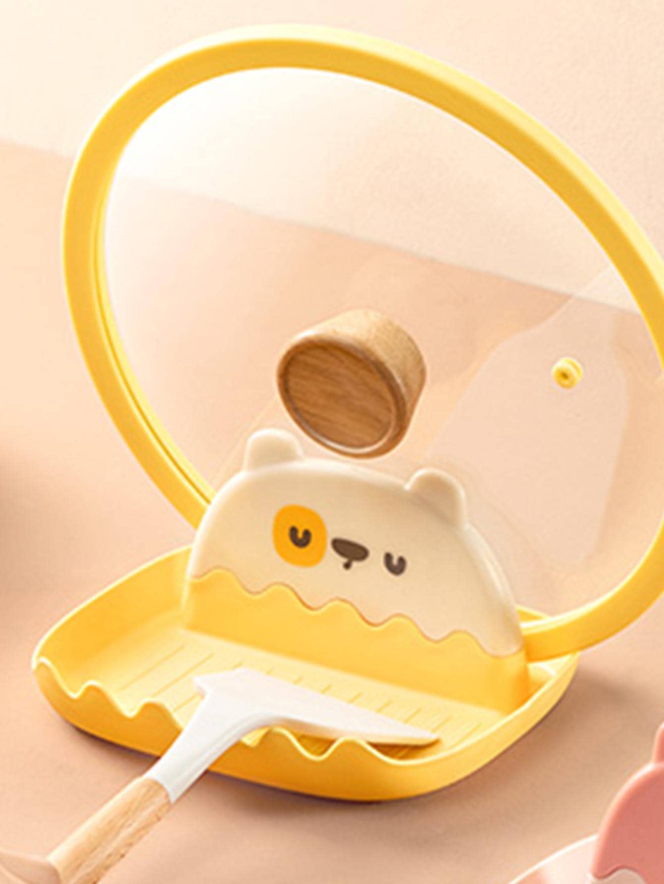 1pc Cute Bear Shaped Yellow Pot Lid Holder, PP Creative Spoon Rest For Kitchen - Yellow - View 1