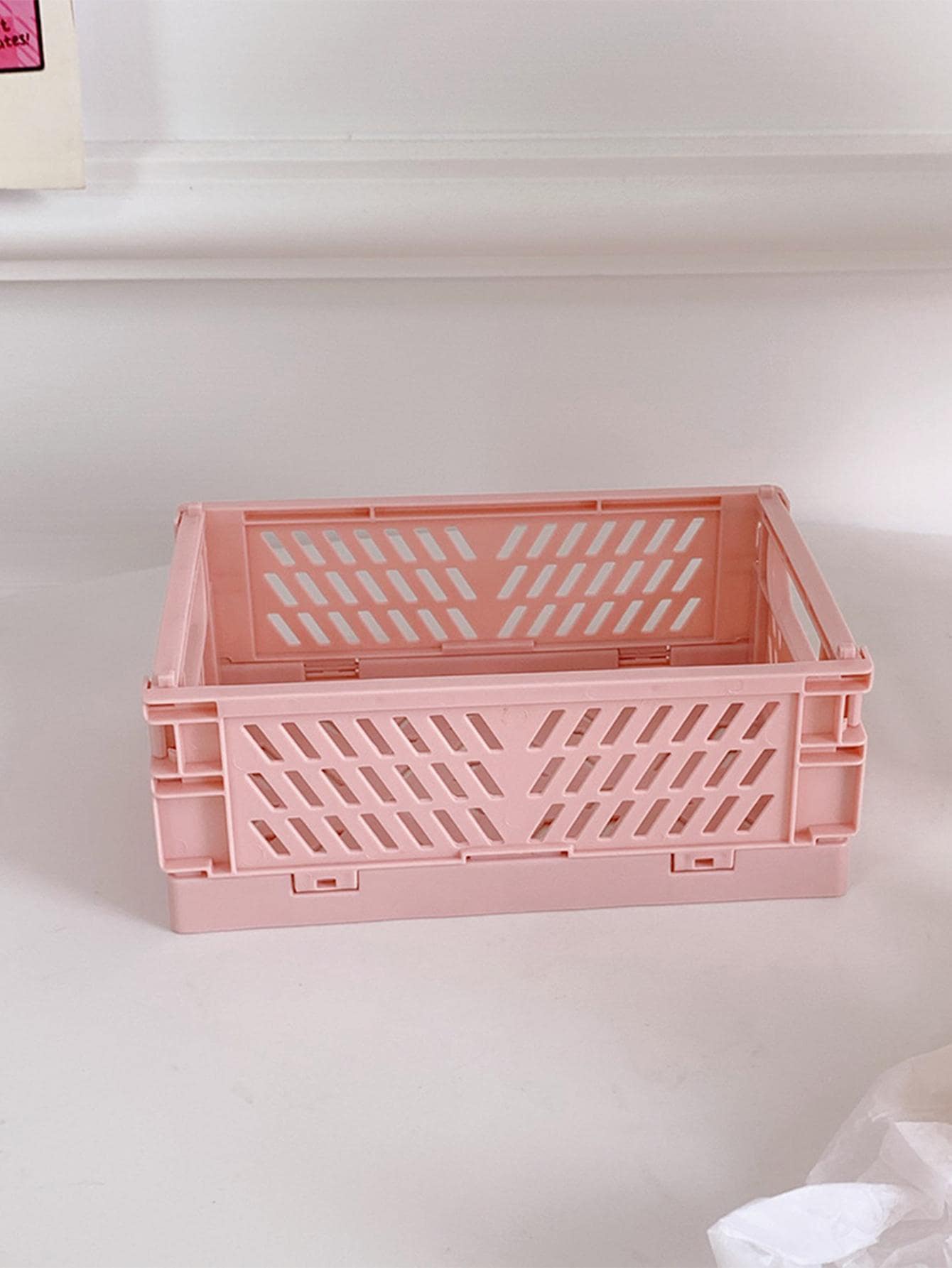 1pc Solid Color Hollow Stationery Storage Basket, Simple Foldable Multi-purpose Desk Holder For Student Stationery Storage - Pink - View 5