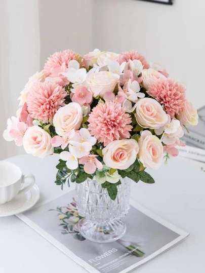 1束仿真玫瑰花，包含丝绸刺绣球，适用于婚礼、家居、餐厅、卧室、花瓶装饰、节日生日派对、婚礼装饰、鲜花、情人节礼物、新年DIY材料、仿真植物、秋季装饰、房间、书桌、花园装饰、毕业礼物