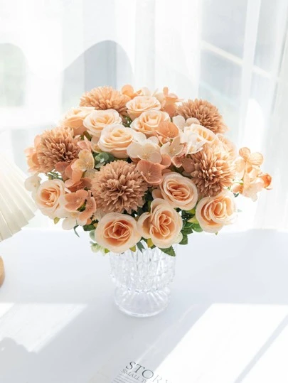1 Bouquet Artificial Rose Flowers, Includes Silk Hydrangea, Suitable For Wedding, Home, Restaurant, Bedroom, Vase Decor, Holiday Birthday Party, Wedding Decoration, Flowers, Valentine's Day Gift, New Year DIY Material, Graduation Gift