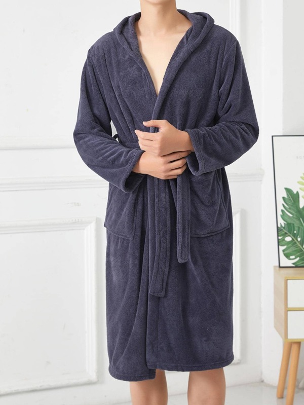 1pc Coral Fleece Unisex Bathrobe, Long Robe, Sleepwear, Plus Size Women Bathrobe Back To School