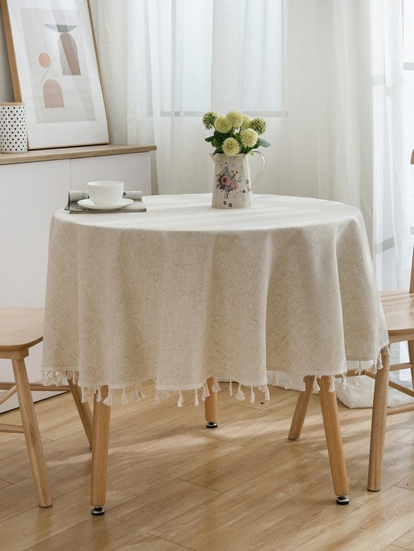 1szt Solid Color Tassel Decor Okrągły obrus, minimalistyczna tkanina Antypoślizgowa dekoracyjna obrus na stół jadalny