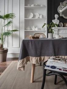 1入組雙色調桌布極簡主義面料荷葉邊裝飾餐桌罩 - 灰色 - 查看 2