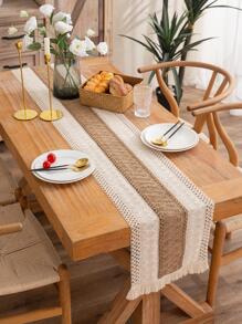 1pc Vintage Beige Tassel Decor Woven Table Runner, Polyester Kitchen Table Runner For Dining Table